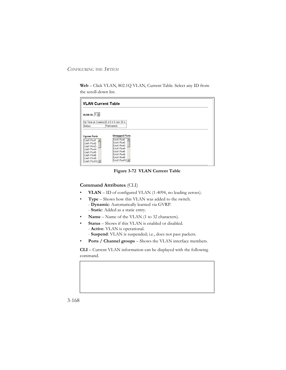 Figure 3-73 vlan current table -168 | SMC Networks SMC TigerStack III SMC6824MPE User Manual | Page 218 / 570