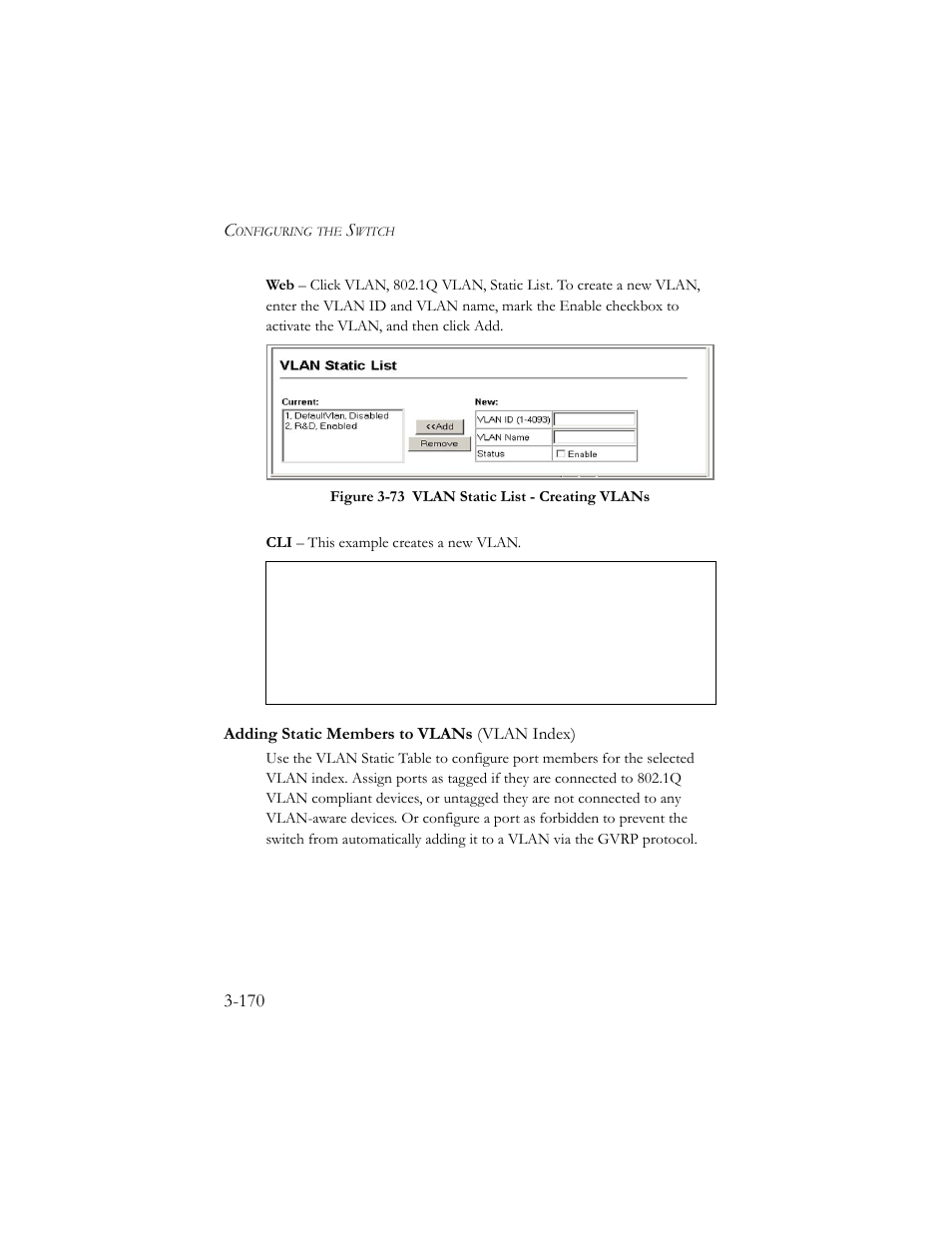 Adding static members to vlans (vlan index), Adding static members to vlans (vlan index) -170, Figure 3-74 vlan static list - creating vlans -170 | SMC Networks SMC TigerStack III SMC6824MPE User Manual | Page 220 / 570