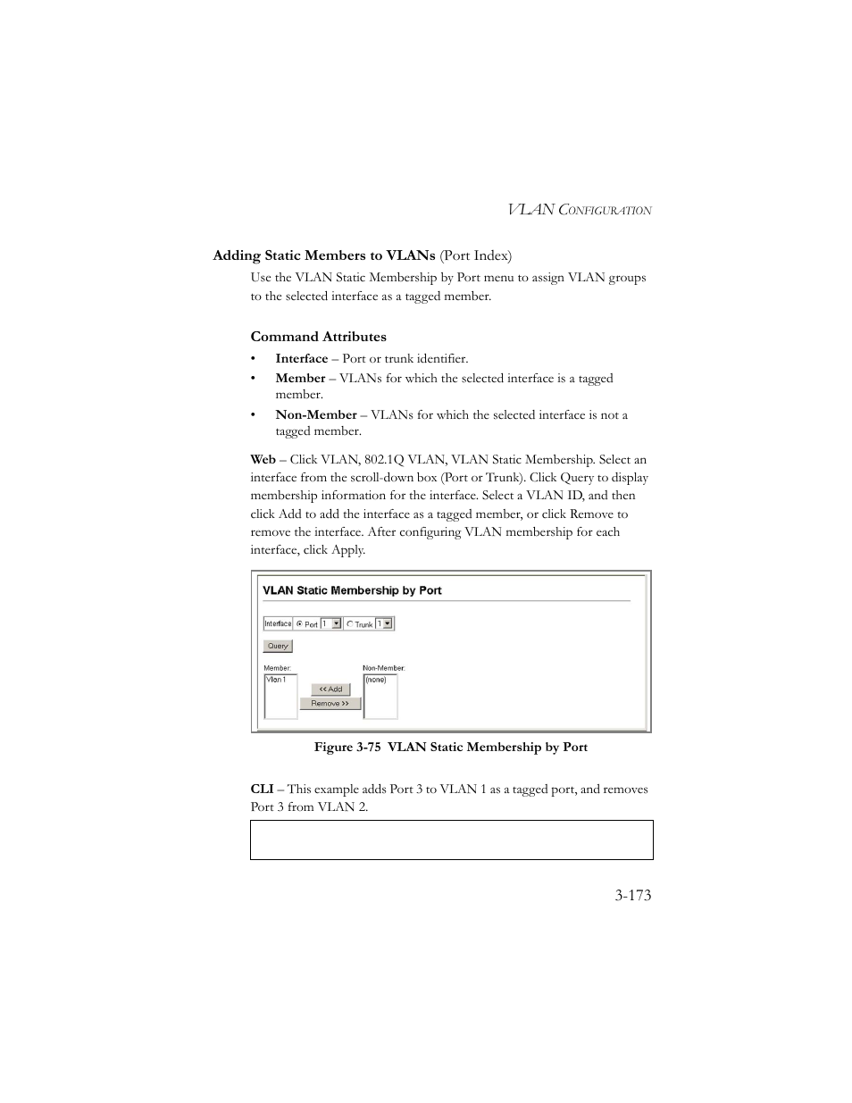 Adding static members to vlans (port index), Adding static members to vlans (port index) -173, Figure 3-76 vlan static membership by port -173 | SMC Networks SMC TigerStack III SMC6824MPE User Manual | Page 223 / 570