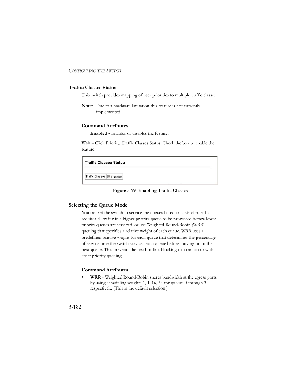 Traffic classes status, Selecting the queue mode, Figure 3-80 enabling traffic classes -182 | SMC Networks SMC TigerStack III SMC6824MPE User Manual | Page 232 / 570