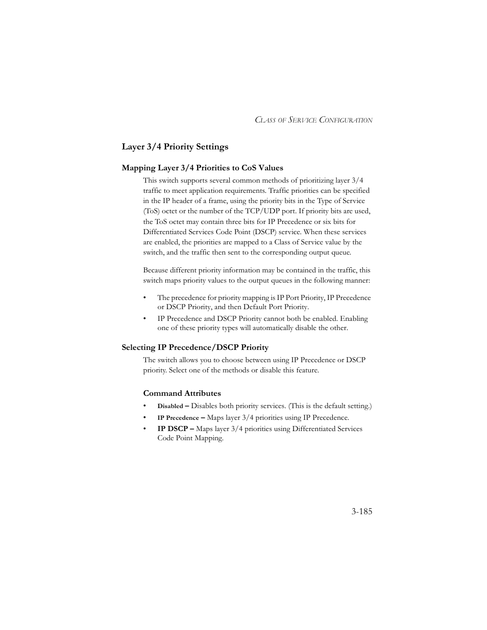 Layer 3/4 priority settings, Mapping layer 3/4 priorities to cos values, Selecting ip precedence/dscp priority | Layer 3/4 priority settings -185 | SMC Networks SMC TigerStack III SMC6824MPE User Manual | Page 235 / 570