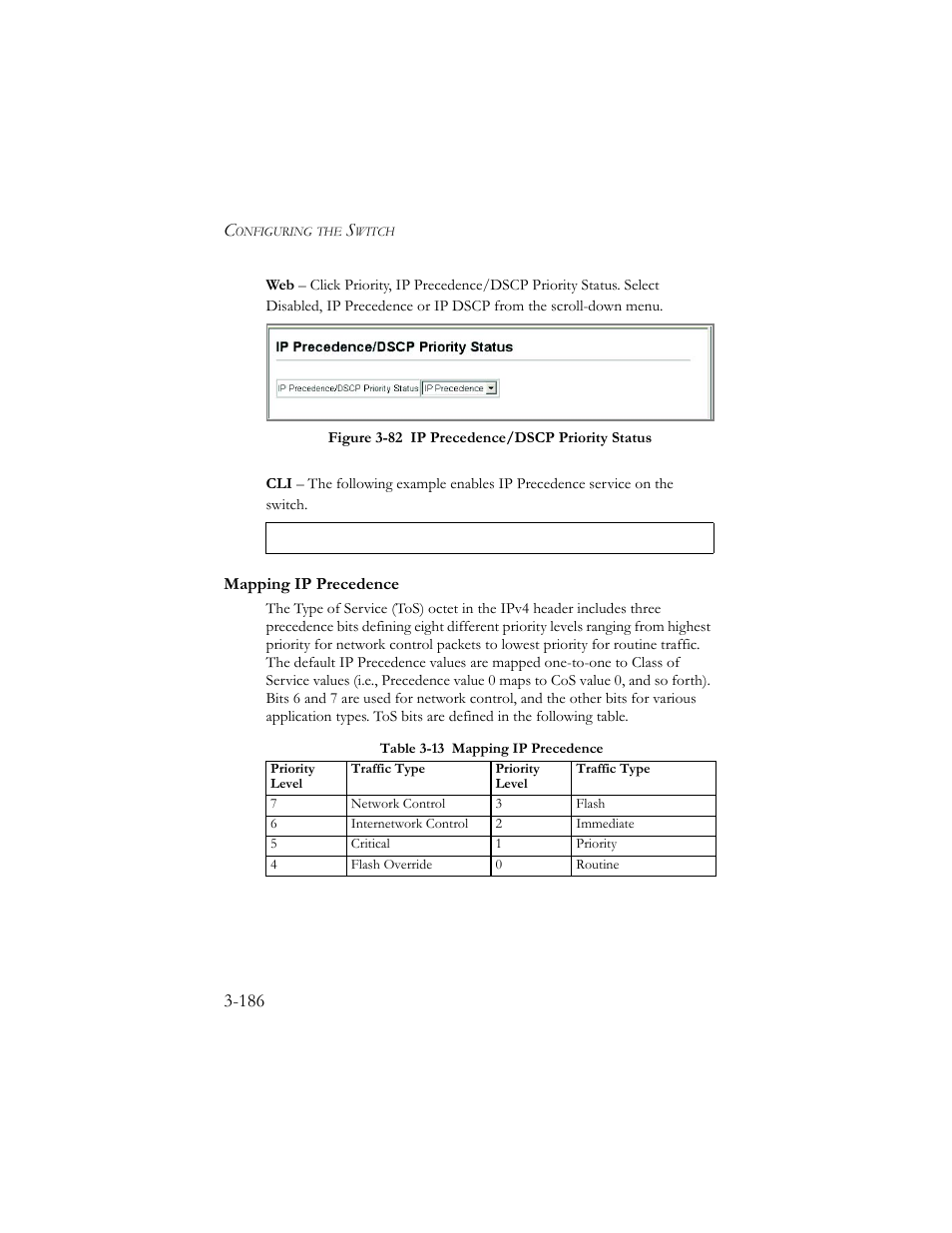 Mapping ip precedence, Mapping ip precedence -186, Table 3-13 mapping ip precedence -186 | SMC Networks SMC TigerStack III SMC6824MPE User Manual | Page 236 / 570