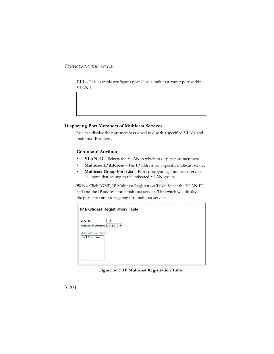 Displaying port members of multicast services, Displaying port members of multicast services -204, Figure 3-94 ip multicast registration table -204 | SMC Networks SMC TigerStack III SMC6824MPE User Manual | Page 254 / 570