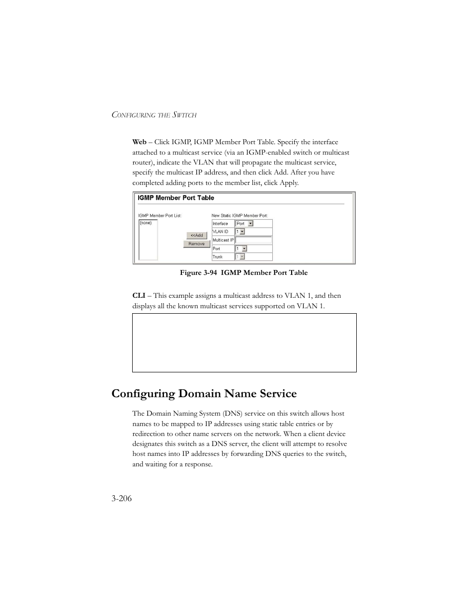 Configuring domain name service, Configuring domain name service -206, Figure 3-95 igmp member port table -206 | SMC Networks SMC TigerStack III SMC6824MPE User Manual | Page 256 / 570