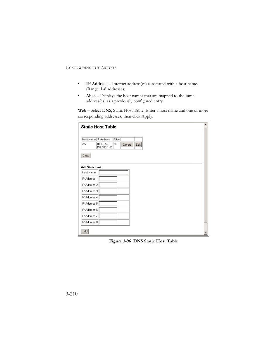 Figure 3-97 dns static host table -210 | SMC Networks SMC TigerStack III SMC6824MPE User Manual | Page 260 / 570