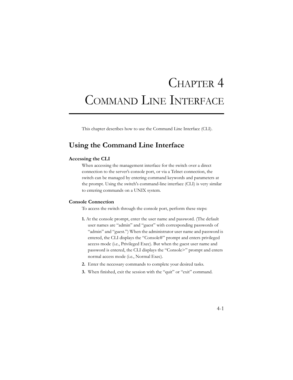 Chapter 4 command line interface, Using the command line interface, Accessing the cli | Console connection, Command line interface -1, Using the command line interface -1, Accessing the cli -1 console connection -1, Chapter 4, Command line interface, Hapter | SMC Networks SMC TigerStack III SMC6824MPE User Manual | Page 263 / 570