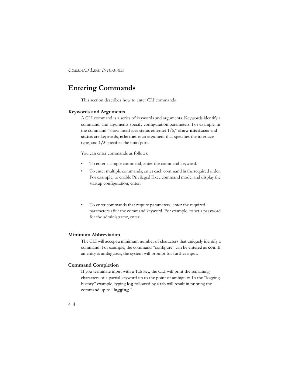 Entering commands, Keywords and arguments, Minimum abbreviation | Command completion, Entering commands -4 | SMC Networks SMC TigerStack III SMC6824MPE User Manual | Page 266 / 570