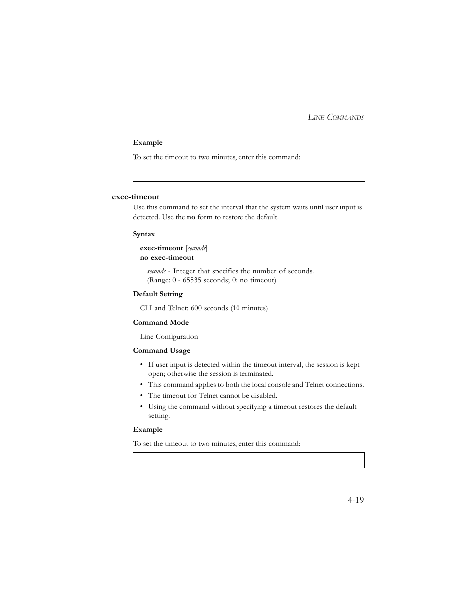 Exec-timeout, Exec-timeout -19 | SMC Networks SMC TigerStack III SMC6824MPE User Manual | Page 281 / 570