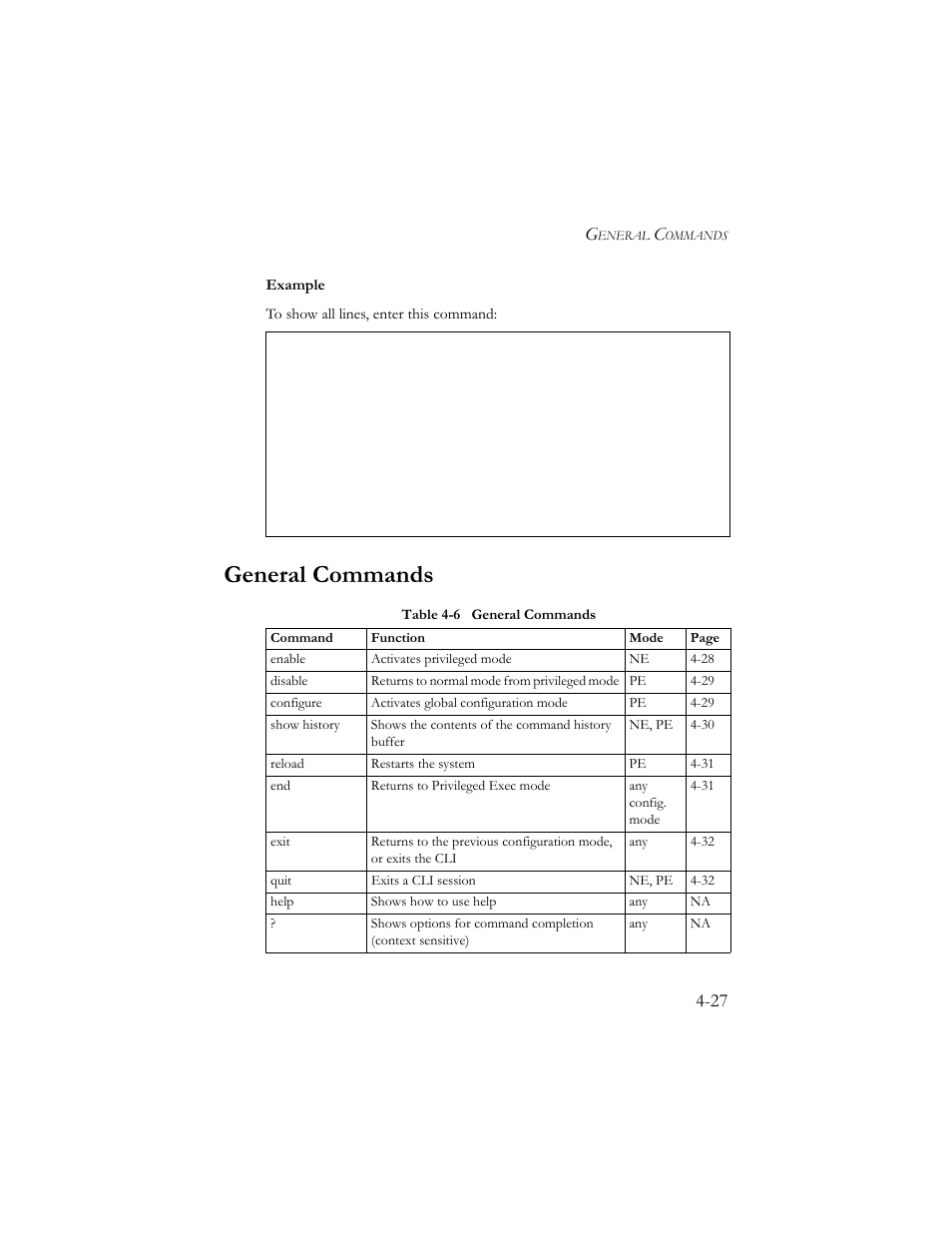 General commands, General commands -27, Table 4-6 general commands -27 | SMC Networks SMC TigerStack III SMC6824MPE User Manual | Page 289 / 570