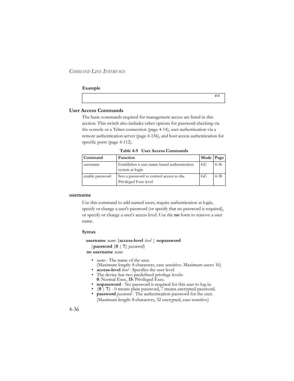 User access commands, Username, User access commands -36 | Username -36, Table 4-9 user access commands -36 | SMC Networks SMC TigerStack III SMC6824MPE User Manual | Page 298 / 570