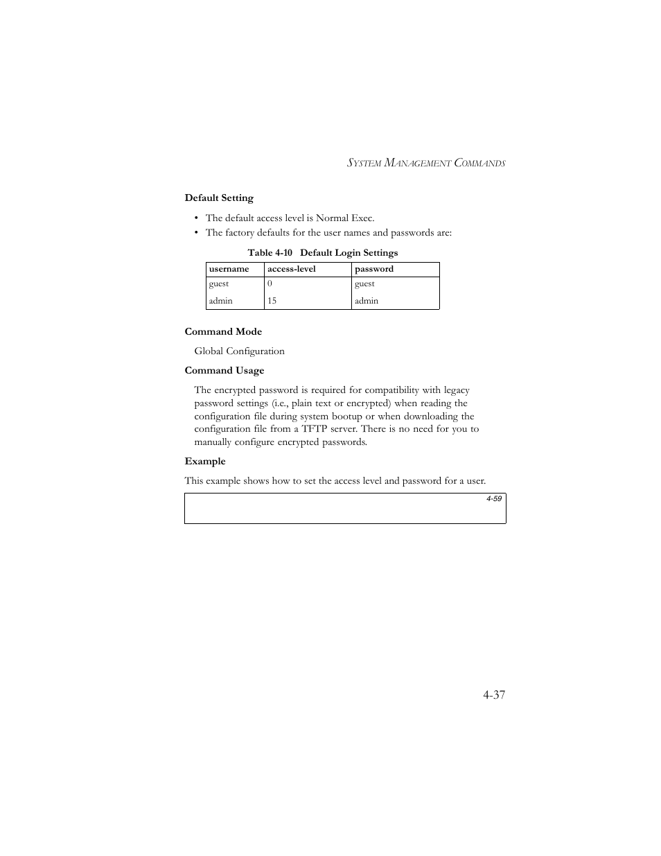 Table 4-10 default login settings -37 | SMC Networks SMC TigerStack III SMC6824MPE User Manual | Page 299 / 570