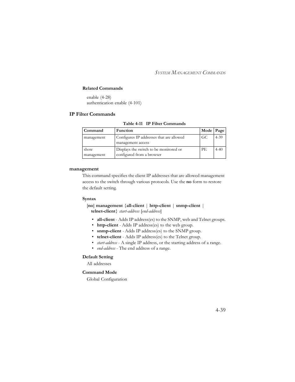 Ip filter commands, Management, Ip filter commands -39 | Management -39, Table 4-11 ip filter commands -39 | SMC Networks SMC TigerStack III SMC6824MPE User Manual | Page 301 / 570