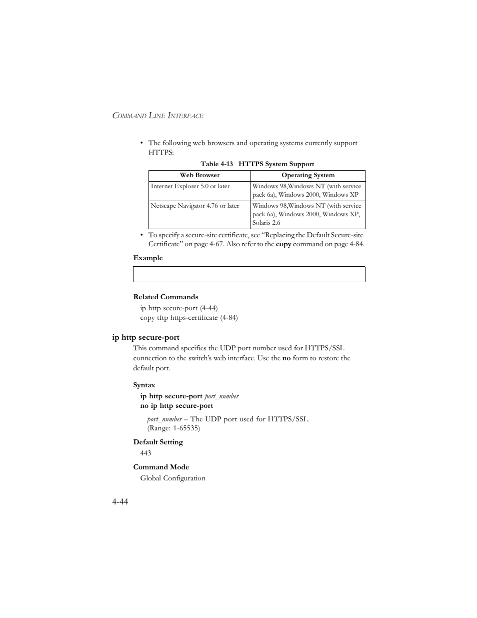 Ip http secure-port, Ip http secure-port -44, Table 4-13 https system support -44 | SMC Networks SMC TigerStack III SMC6824MPE User Manual | Page 306 / 570