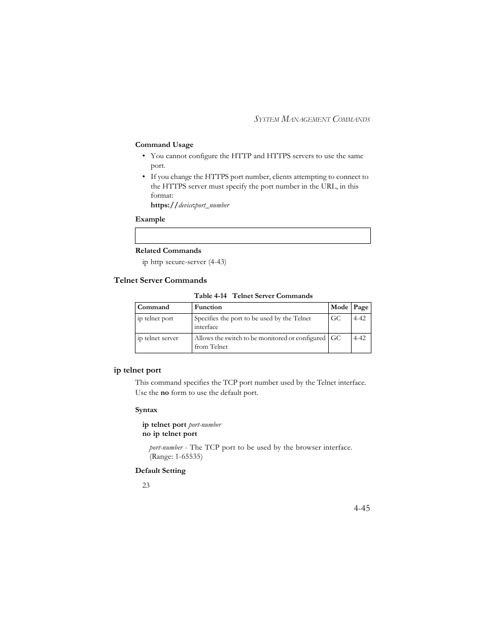 Telnet server commands, Ip telnet port, Telnet server commands -45 | Ip telnet port -45, Table 4-14 telnet server commands -45 | SMC Networks SMC TigerStack III SMC6824MPE User Manual | Page 307 / 570