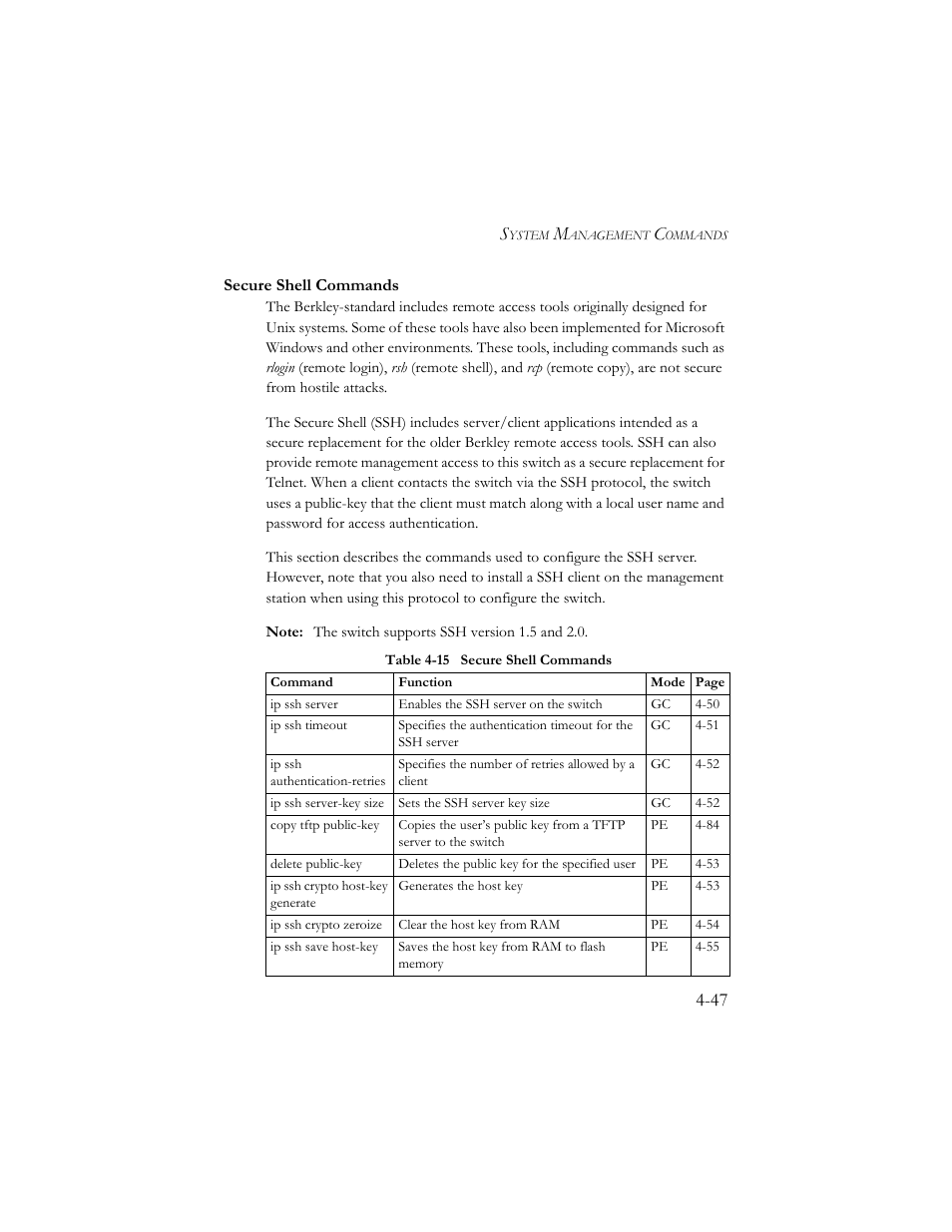 Secure shell commands, Secure shell commands -47, Table 4-15 secure shell commands -47 | SMC Networks SMC TigerStack III SMC6824MPE User Manual | Page 309 / 570