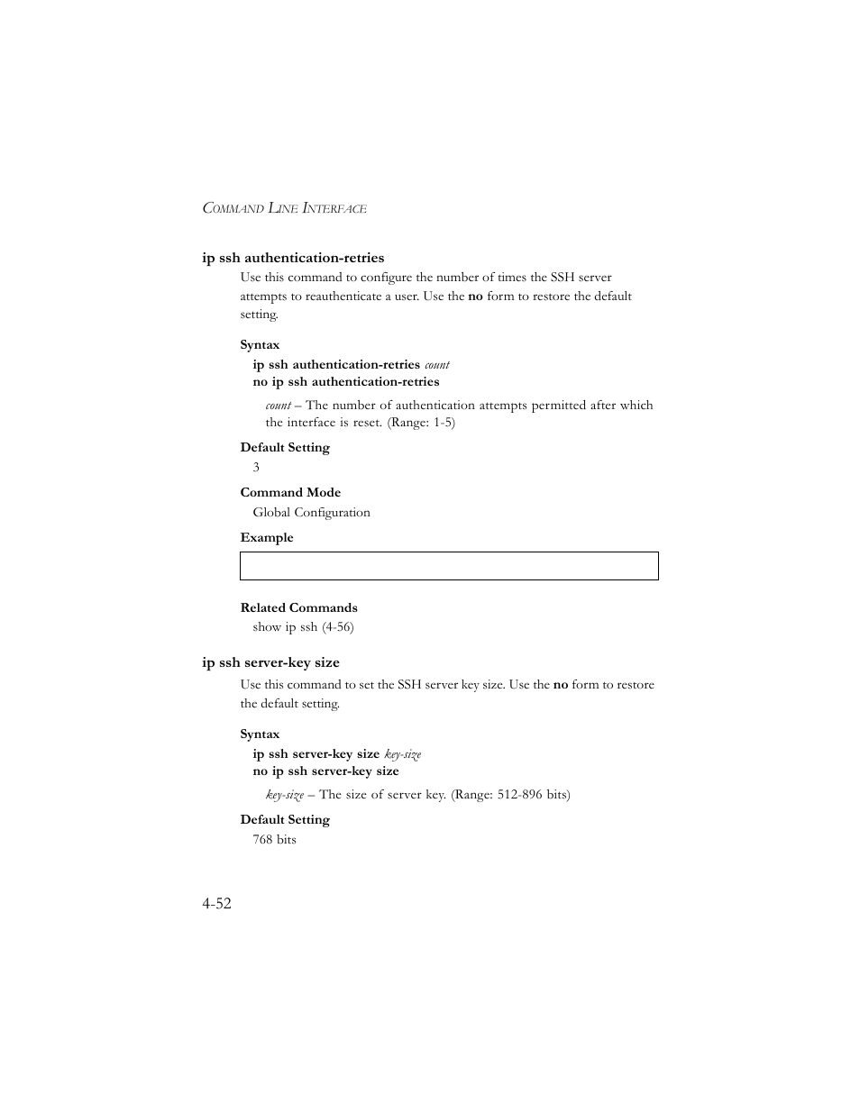 Ip ssh authentication-retries, Ip ssh server-key size | SMC Networks SMC TigerStack III SMC6824MPE User Manual | Page 314 / 570