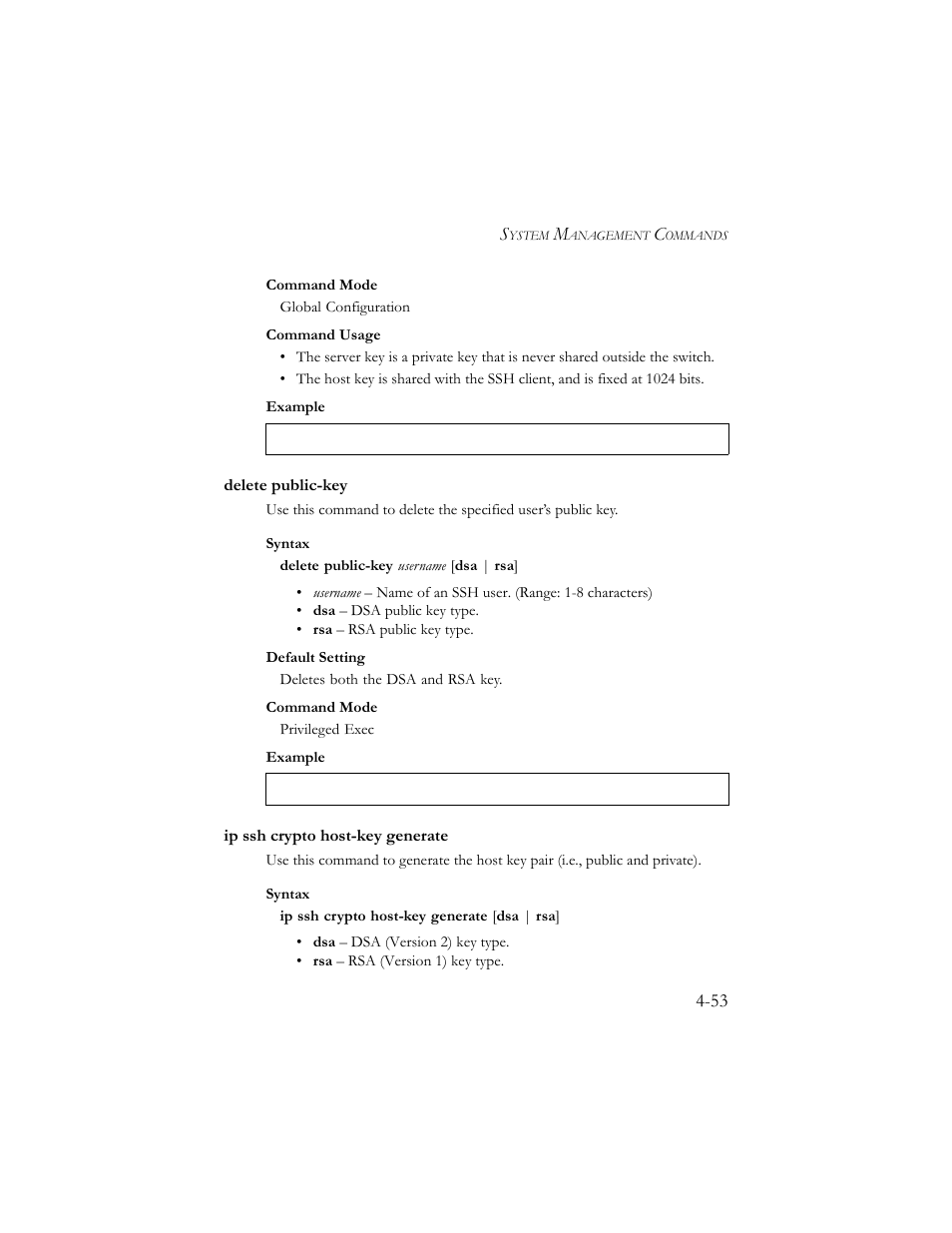 Delete public-key, Ip ssh crypto host-key generate | SMC Networks SMC TigerStack III SMC6824MPE User Manual | Page 315 / 570