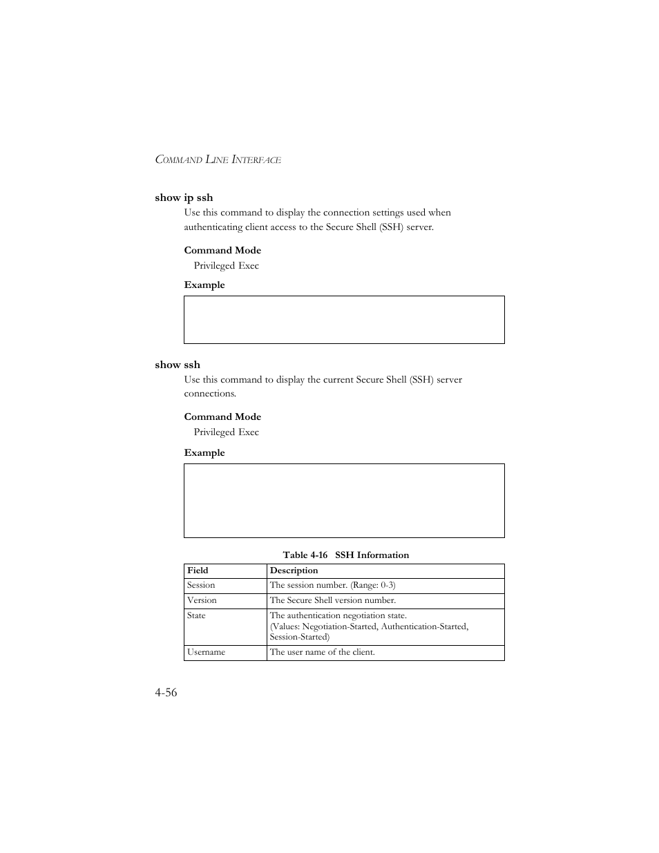 Show ip ssh, Show ssh, Show ip ssh -56 show ssh -56 | Table 4-16 ssh information -56 | SMC Networks SMC TigerStack III SMC6824MPE User Manual | Page 318 / 570