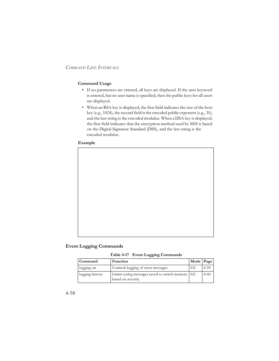 Event logging commands, Event logging commands -58, Table 4-17 event logging commands -58 | SMC Networks SMC TigerStack III SMC6824MPE User Manual | Page 320 / 570