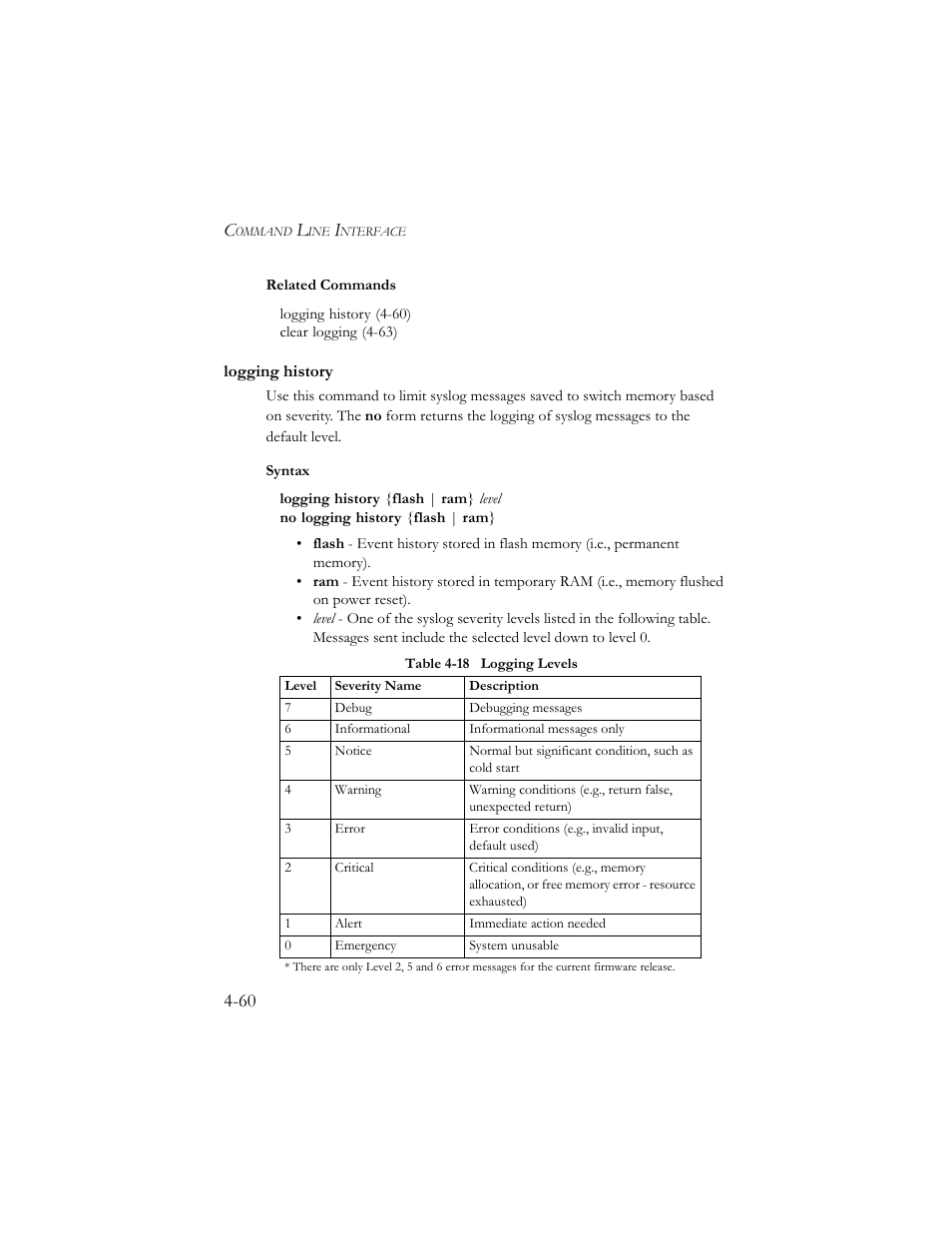 Logging history, Logging history -60, Table 4-18 logging levels -60 | SMC Networks SMC TigerStack III SMC6824MPE User Manual | Page 322 / 570