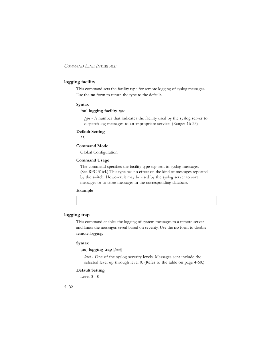 Logging facility, Logging trap, Logging facility -62 logging trap -62 | SMC Networks SMC TigerStack III SMC6824MPE User Manual | Page 324 / 570
