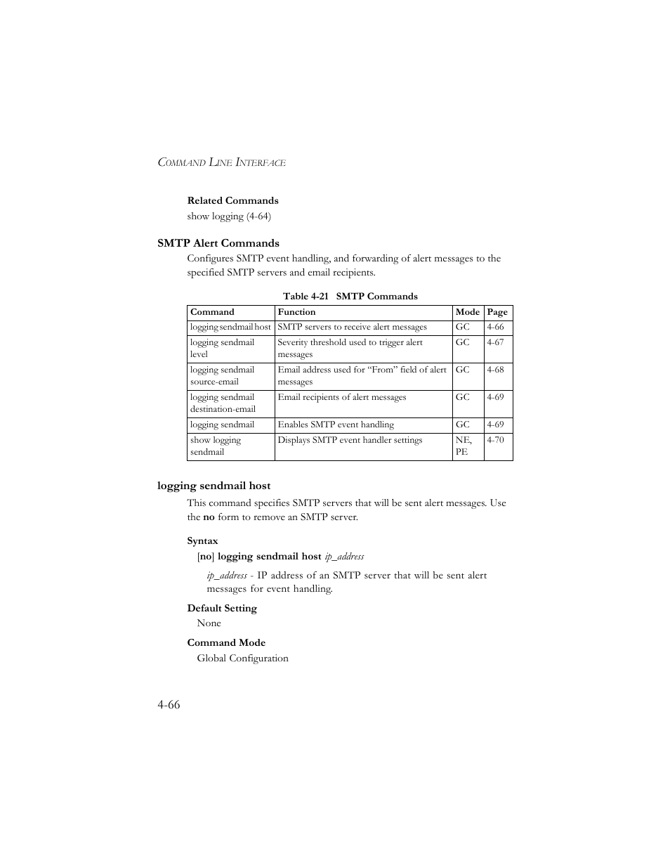 Smtp alert commands, Logging sendmail host, Smtp alert commands -66 | Logging sendmail host -66, Table 4-21 smtp commands -66 | SMC Networks SMC TigerStack III SMC6824MPE User Manual | Page 328 / 570