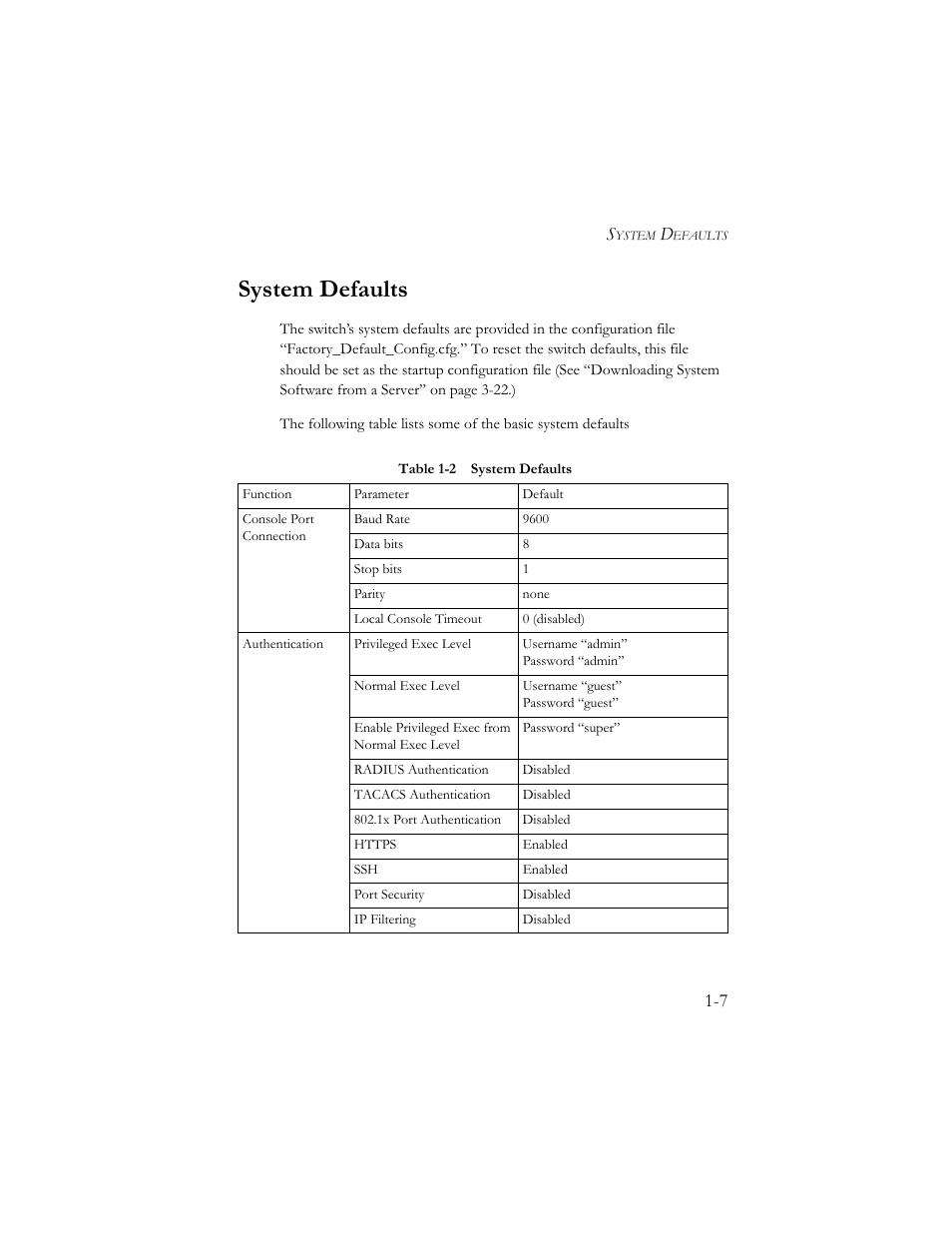 System defaults, System defaults -7, Table 1-2 system defaults -7 | SMC Networks SMC TigerStack III SMC6824MPE User Manual | Page 33 / 570