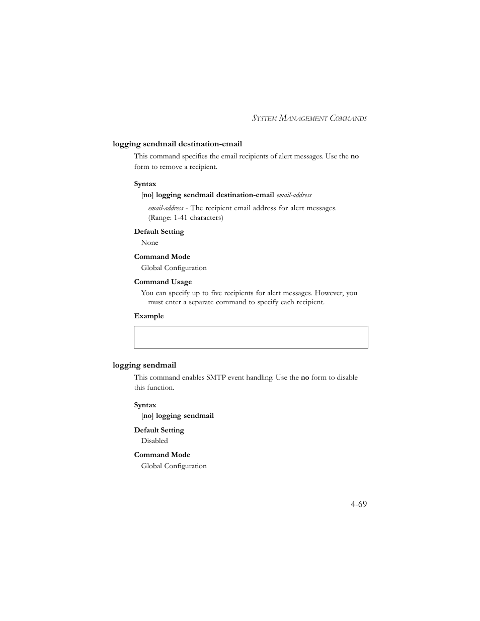 Logging sendmail destination-email, Logging sendmail | SMC Networks SMC TigerStack III SMC6824MPE User Manual | Page 331 / 570