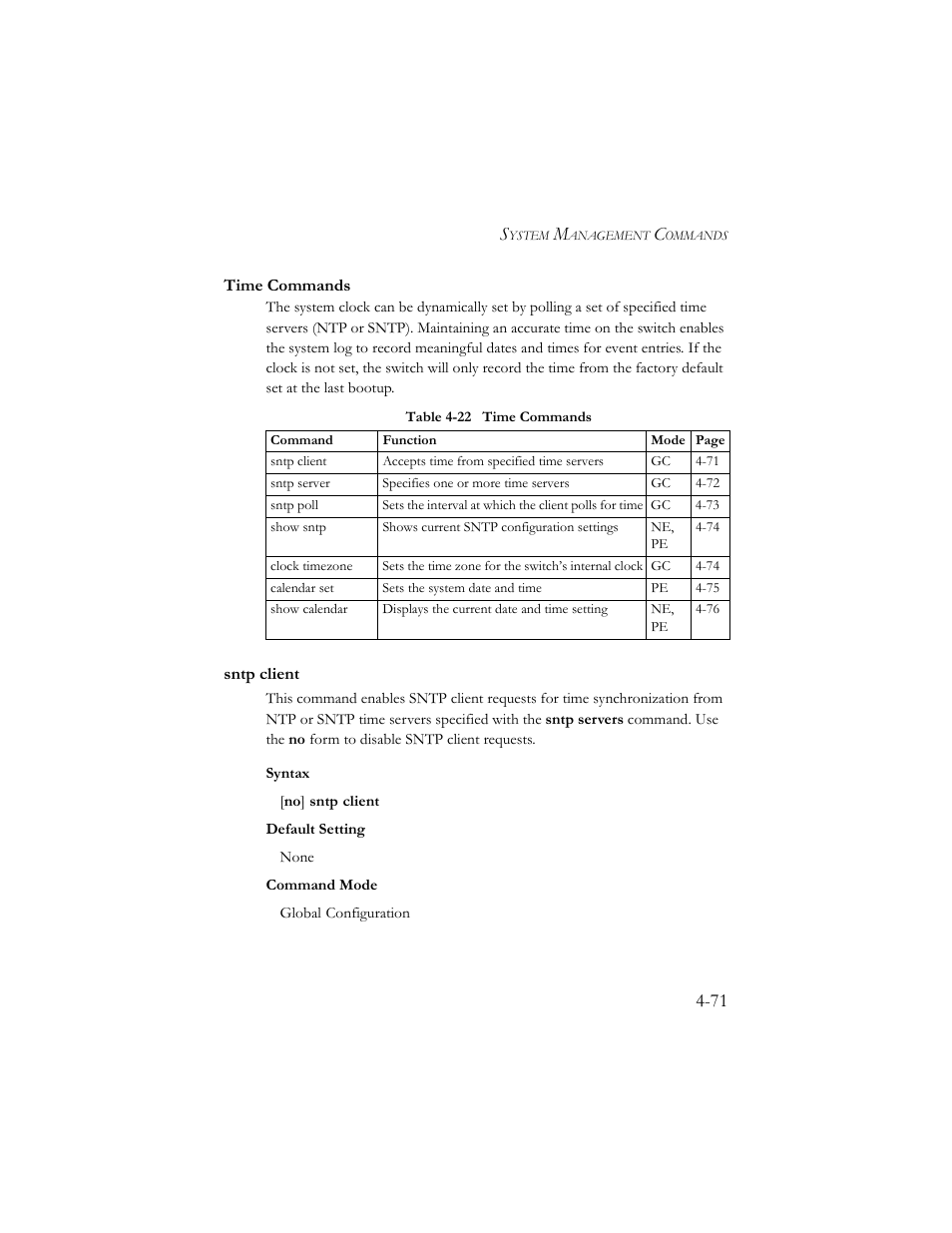 Time commands, Sntp client, Time commands -71 | Sntp client -71, Table 4-22 time commands -71 | SMC Networks SMC TigerStack III SMC6824MPE User Manual | Page 333 / 570