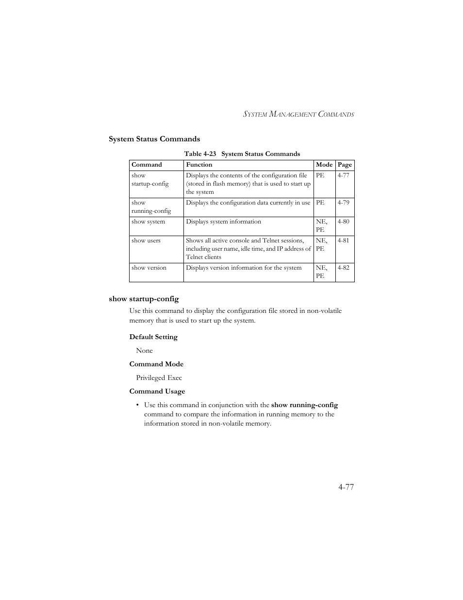 System status commands, Show startup-config, System status commands -77 | Show startup-config -77, Table 4-23 system status commands -77 | SMC Networks SMC TigerStack III SMC6824MPE User Manual | Page 339 / 570