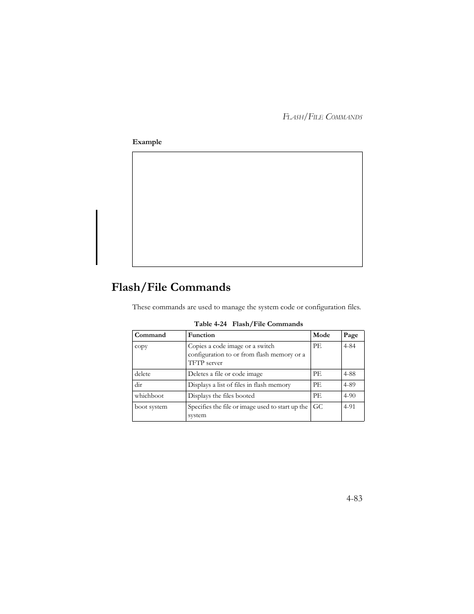 Flash/file commands, Flash/file commands -83, Table 4-24 flash/file commands -83 | SMC Networks SMC TigerStack III SMC6824MPE User Manual | Page 345 / 570