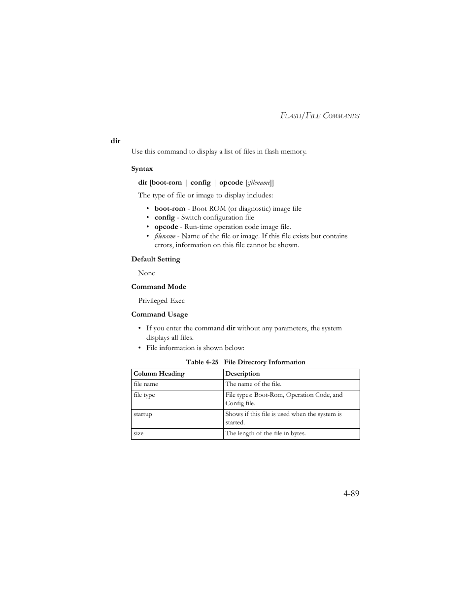 Dir -89, Table 4-25 file directory information -89 | SMC Networks SMC TigerStack III SMC6824MPE User Manual | Page 351 / 570