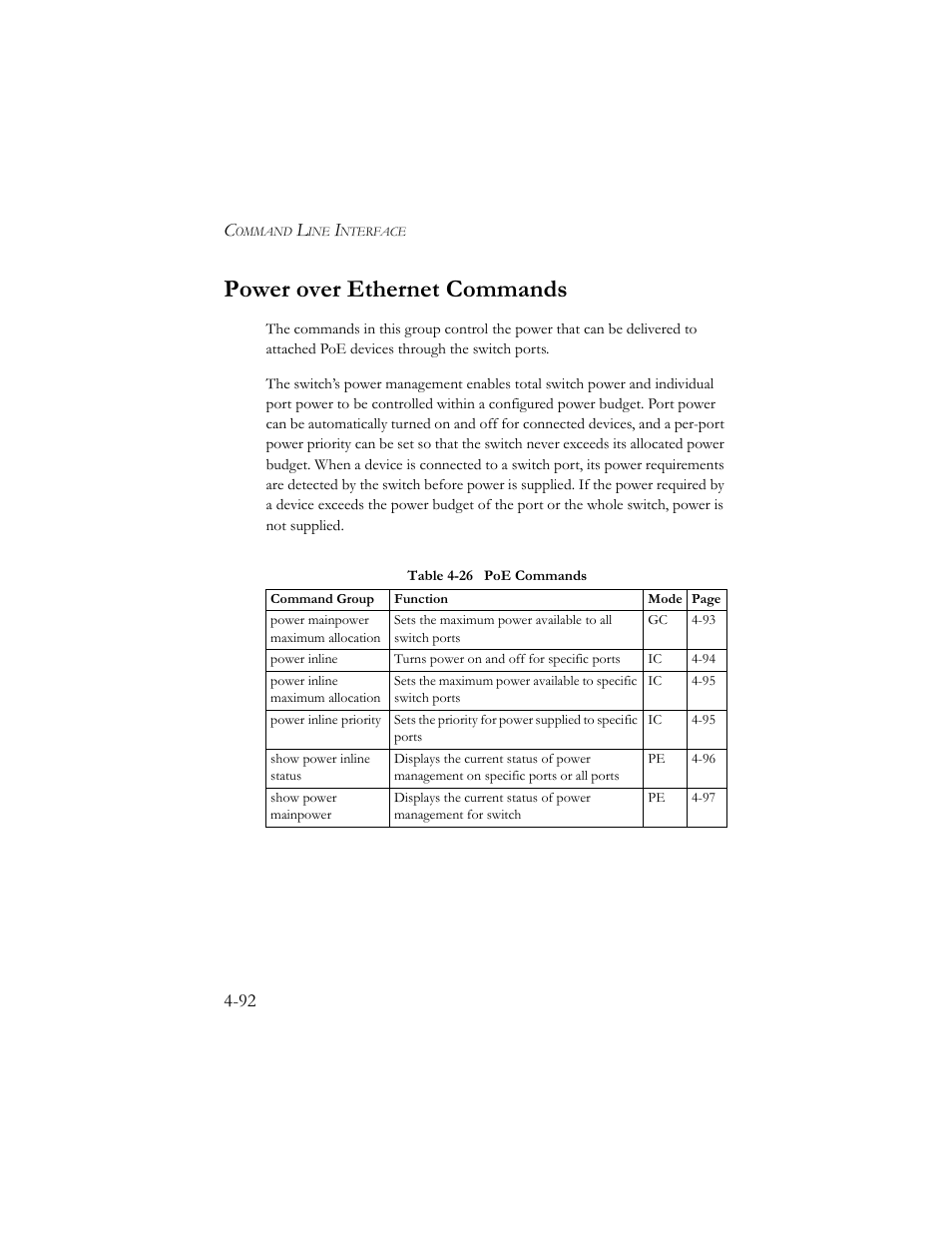 Power over ethernet commands, Power over ethernet commands -92, Table 4-26 poe commands -92 | SMC Networks SMC TigerStack III SMC6824MPE User Manual | Page 354 / 570