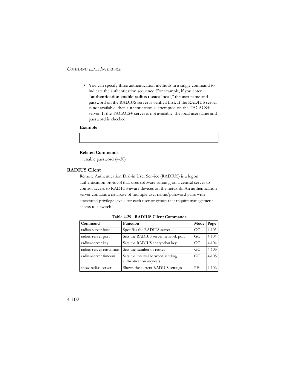 Radius client, Radius client -102, Table 4-29 radius client commands -102 | SMC Networks SMC TigerStack III SMC6824MPE User Manual | Page 364 / 570