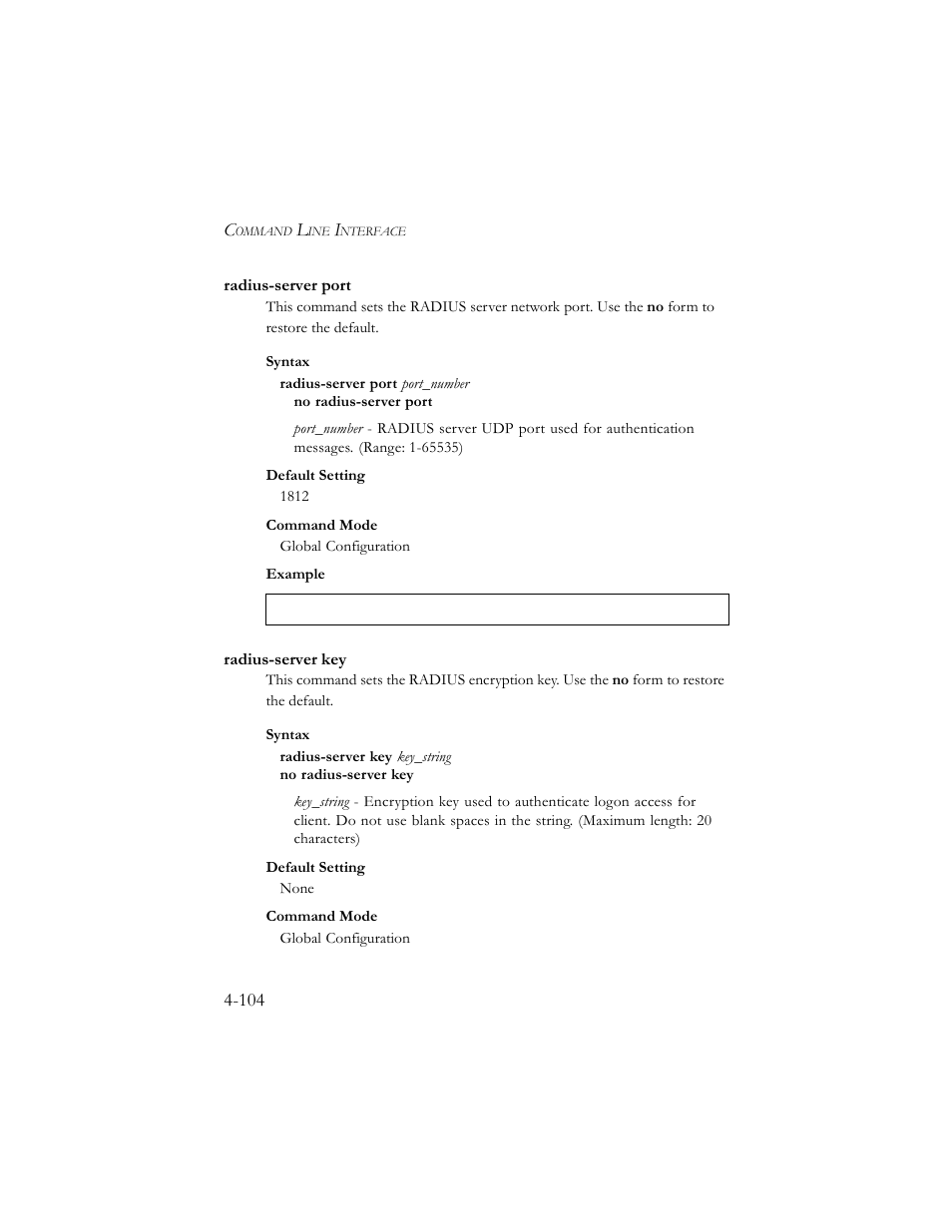 Radius-server port, Radius-server key, Radius-server port -104 radius-server key -104 | SMC Networks SMC TigerStack III SMC6824MPE User Manual | Page 366 / 570