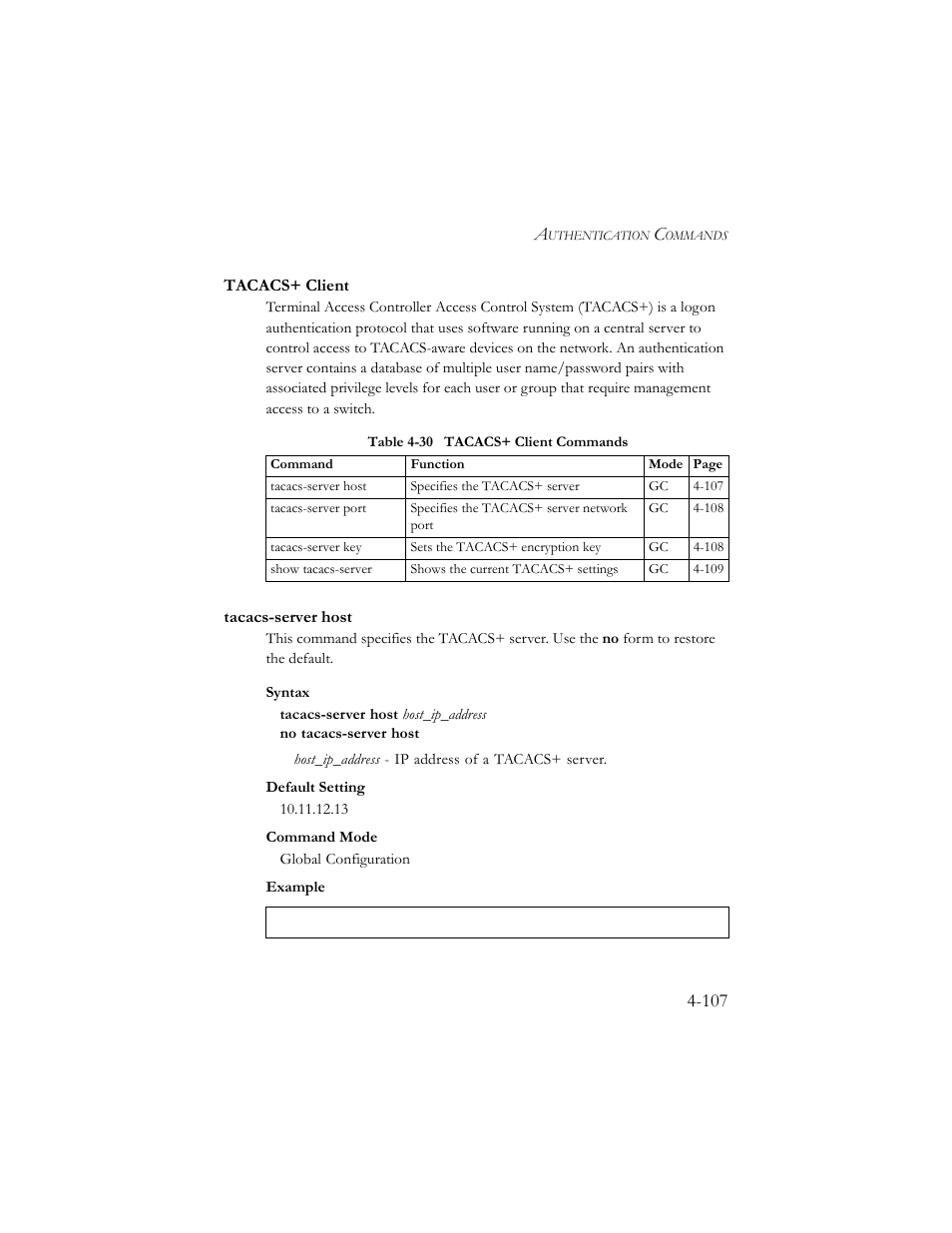 Tacacs+ client, Tacacs-server host, Tacacs+ client -107 | Tacacs-server host -107, Table 4-30 tacacs+ client commands -107 | SMC Networks SMC TigerStack III SMC6824MPE User Manual | Page 369 / 570