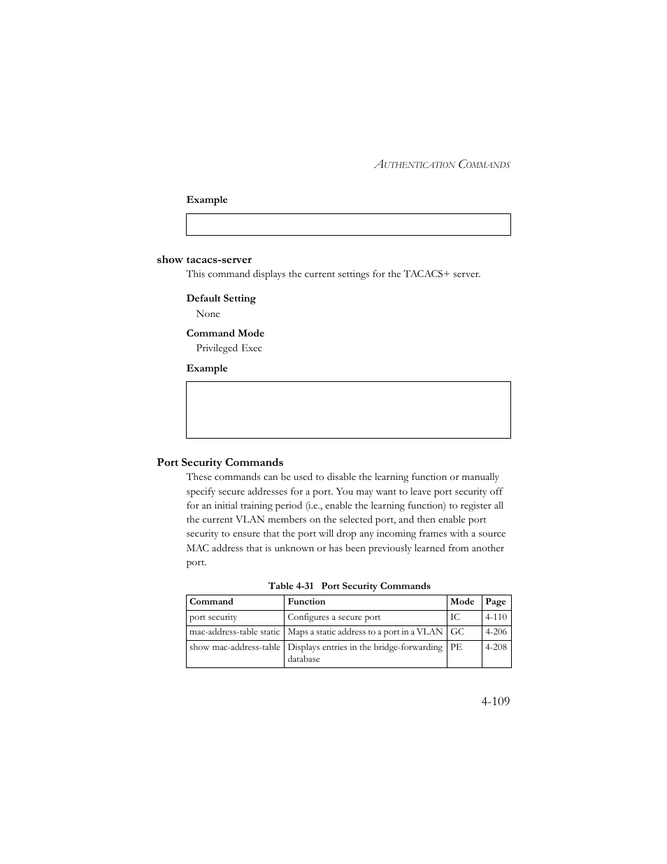 Show tacacs-server, Port security commands, Show tacacs-server -109 | Port security commands -109, Table 4-31 port security commands -109 | SMC Networks SMC TigerStack III SMC6824MPE User Manual | Page 371 / 570