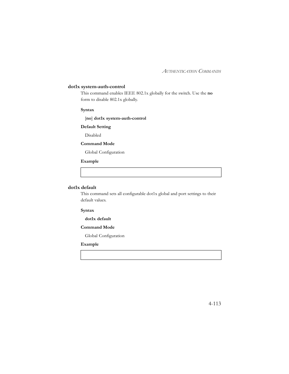 Dot1x system-auth-control, Dot1x default, Dot1x system-auth-control -113 dot1x default -113 | SMC Networks SMC TigerStack III SMC6824MPE User Manual | Page 375 / 570