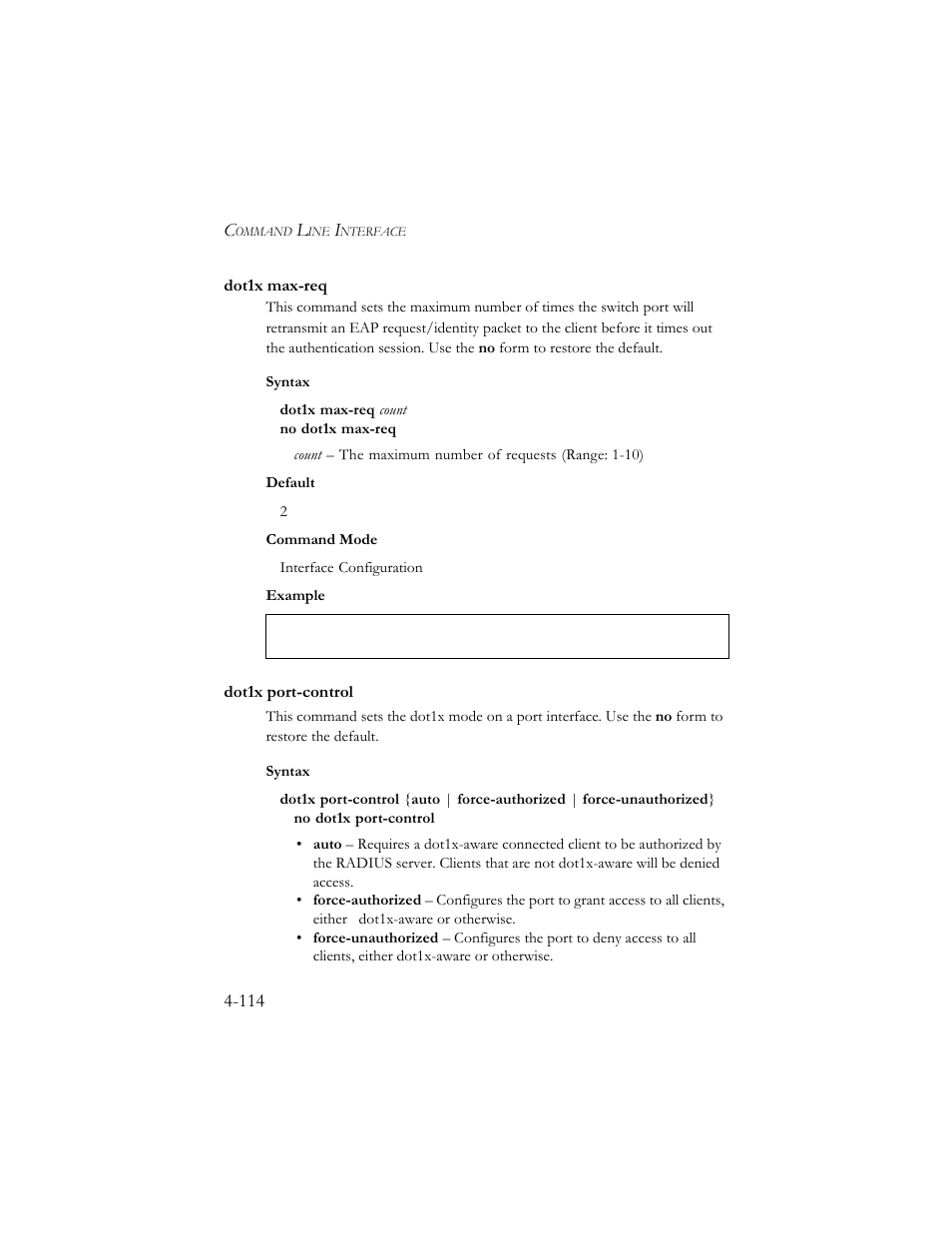 Dot1x max-req, Dot1x port-control, Dot1x max-req -114 dot1x port-control -114 | SMC Networks SMC TigerStack III SMC6824MPE User Manual | Page 376 / 570
