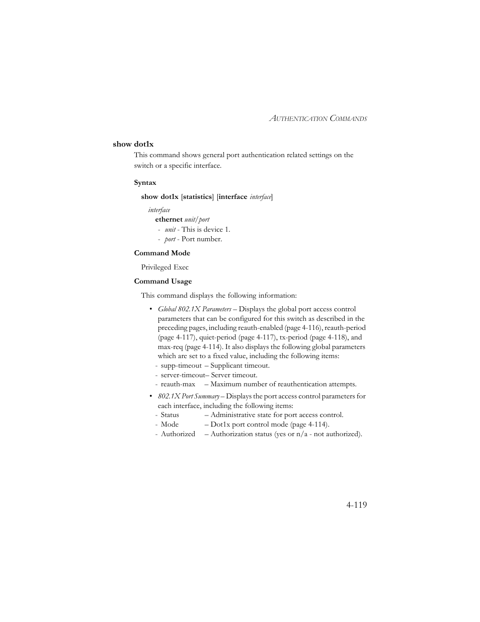 Show dot1x, Show dot1x -119 | SMC Networks SMC TigerStack III SMC6824MPE User Manual | Page 381 / 570