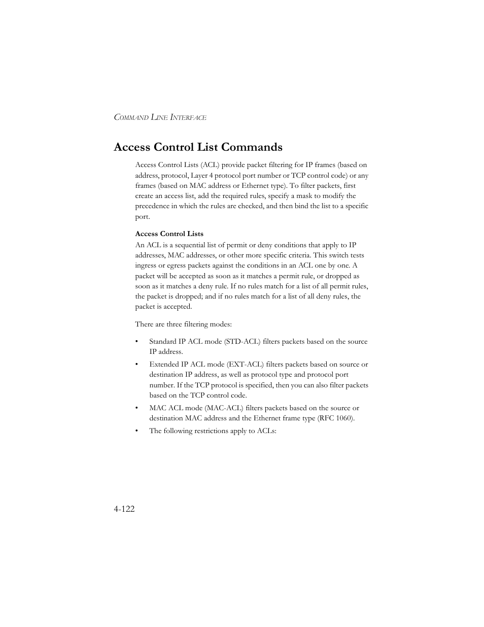 Access control list commands, Access control list commands -122 | SMC Networks SMC TigerStack III SMC6824MPE User Manual | Page 384 / 570