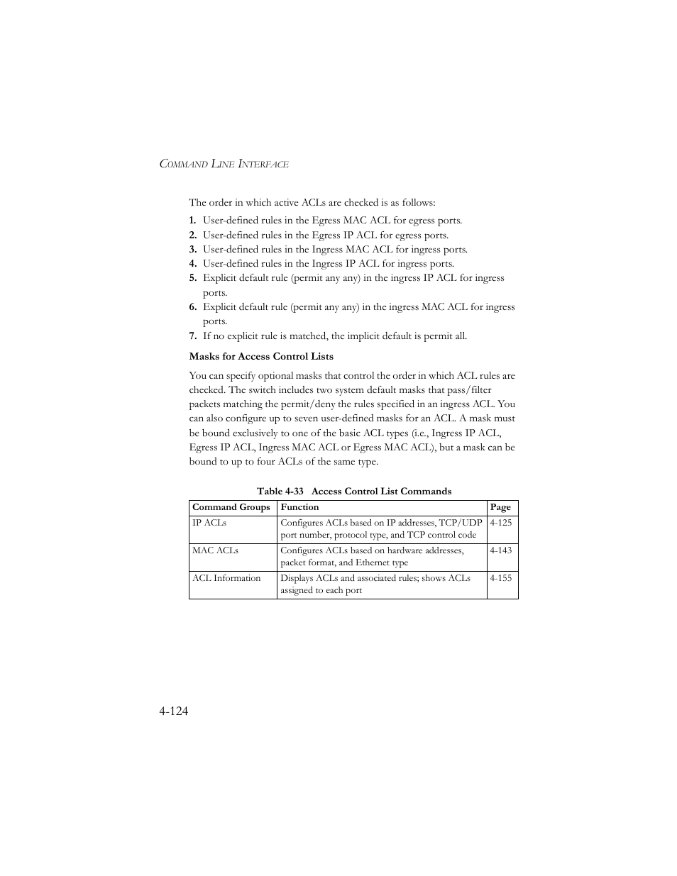 Table 4-33 access control list commands -124 | SMC Networks SMC TigerStack III SMC6824MPE User Manual | Page 386 / 570