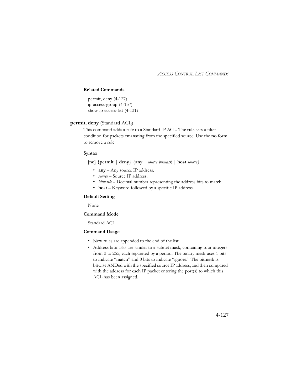 Permit, deny (standard acl), Permit, deny (standard acl) -127 | SMC Networks SMC TigerStack III SMC6824MPE User Manual | Page 389 / 570