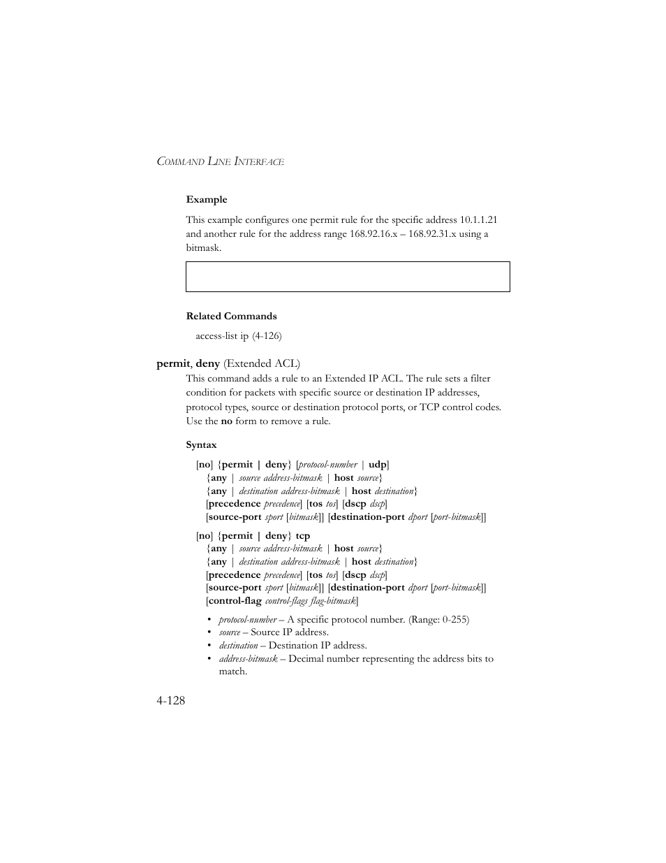 Permit, deny (extended acl), Permit, deny (extended acl) -128 | SMC Networks SMC TigerStack III SMC6824MPE User Manual | Page 390 / 570