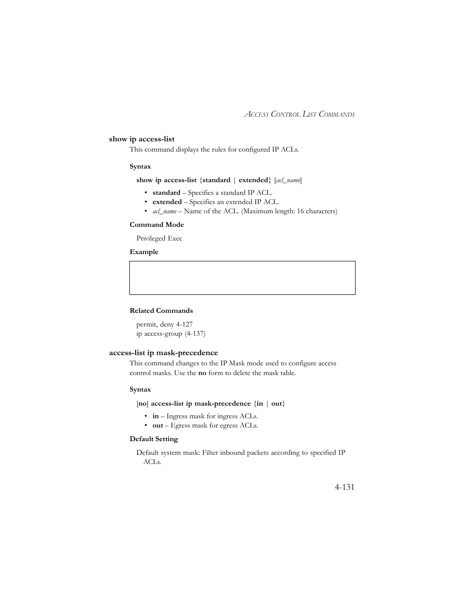 Show ip access-list, Access-list ip mask-precedence | SMC Networks SMC TigerStack III SMC6824MPE User Manual | Page 393 / 570