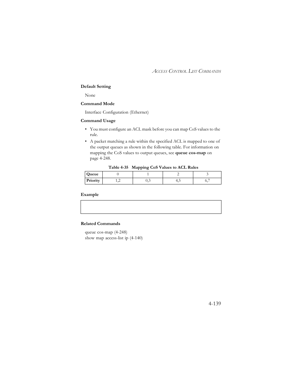 Table 4-35 mapping cos values to acl rules -139 | SMC Networks SMC TigerStack III SMC6824MPE User Manual | Page 401 / 570