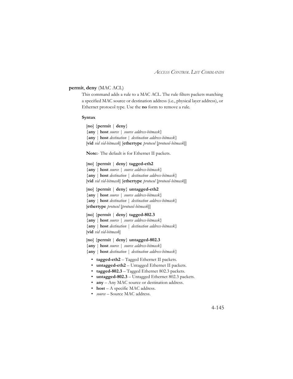 Permit, deny (mac acl), Permit, deny (mac acl) -145 | SMC Networks SMC TigerStack III SMC6824MPE User Manual | Page 407 / 570