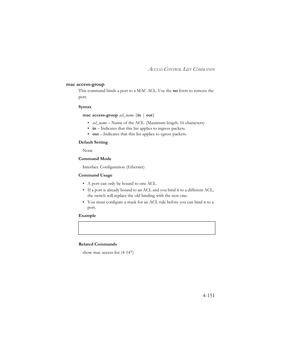 Mac access-group, Mac access-group -151 | SMC Networks SMC TigerStack III SMC6824MPE User Manual | Page 413 / 570