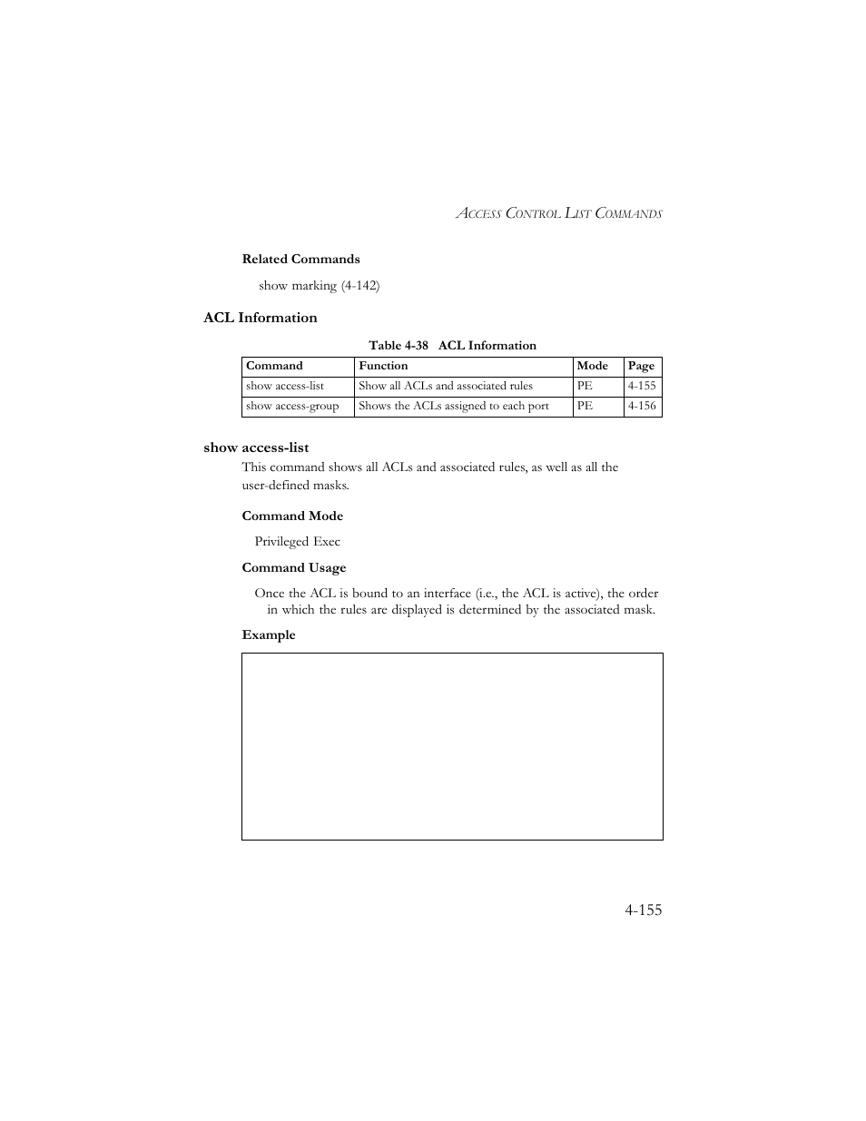 Acl information, Show access-list, Acl information -155 | Show access-list -155, Table 4-38 acl information -155 | SMC Networks SMC TigerStack III SMC6824MPE User Manual | Page 417 / 570