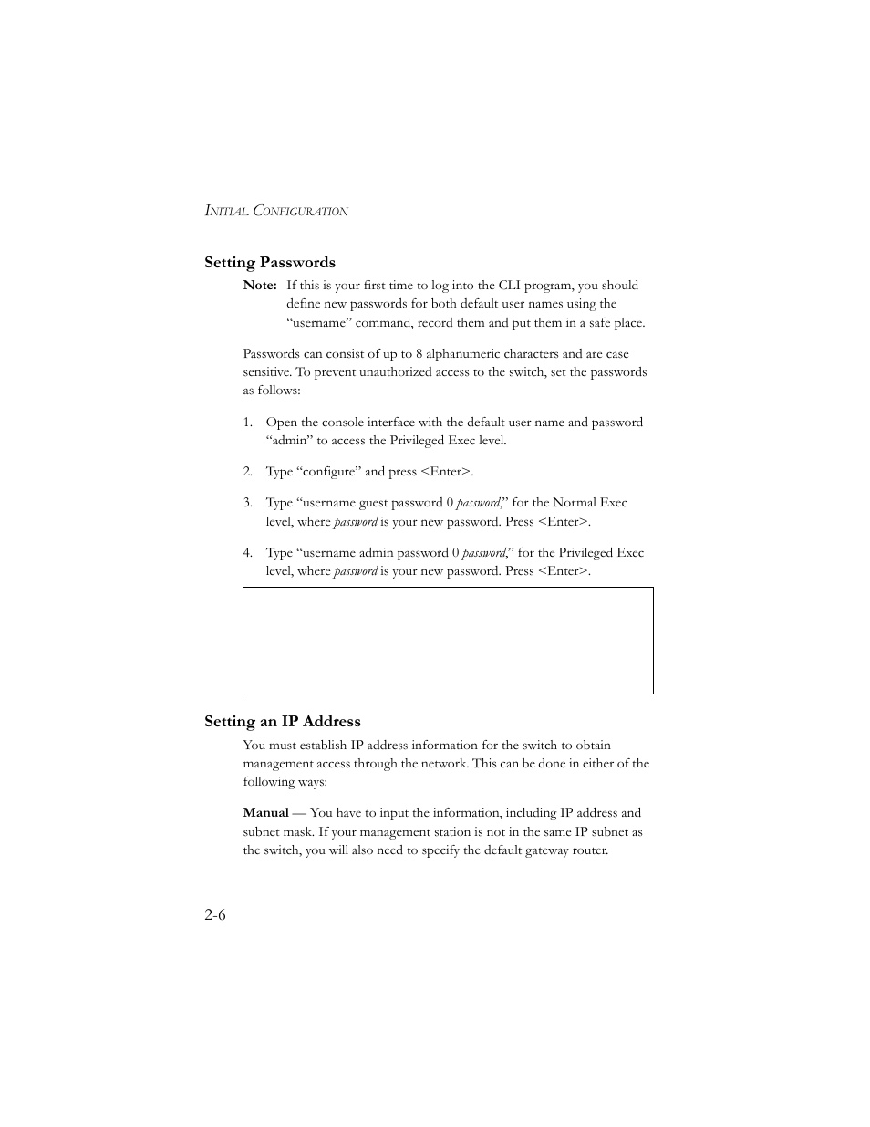 Setting passwords, Setting an ip address, Setting passwords -6 setting an ip address -6 | SMC Networks SMC TigerStack III SMC6824MPE User Manual | Page 42 / 570